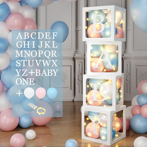 Babyparty Dekorationen, Baby Ballon Boxen mit 4 Lichterketten, 45 Rosa Blau Weißen Luftballons und 33 Buchstaben (ONE + BABY+A-Z), Baby Shower Boxen für Jungen Mädchen Babyparty Geschlecht Offenbaren von Patimate