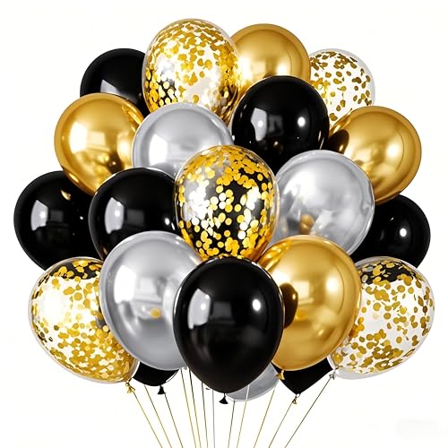 Luftballons Schwarz Gold Silber, 56pcs Schwarz Silber Gold Ballons mit Gold Konfetti Ballon, 12 Zoll Schwarz Silber Geburtstag Ballon für Geburtstags Dekor Graduation Abschlussfeier Hochzeit Party von Patimate