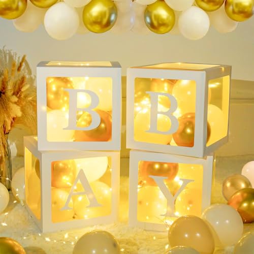 Balloon Box Babyparty Dekoration, 4 Lichterketten und 4Pcs Transparente Luftballon Boxen mit 33 Buchstaben(ONE+BABY+A-Z), 30 Partyballons für Jungen M?dchen Baby Shower, Geburtstag Party Hintergrund von Patimate