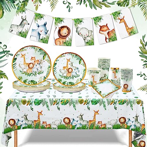 Dschungel Safari Pappteller Becher Servietten mit Banner und Tischdecke, Wildlife Muster Party Geschirr Set für Geburtstag Baby Shower Dschungel Wild Geburtstag Party Supplies Dschungel Safari Party von Patimate