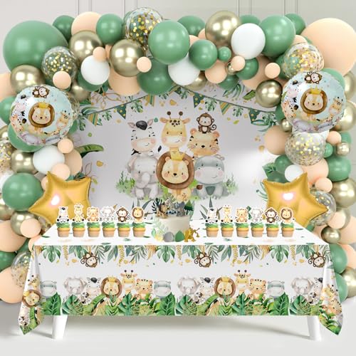 Grün Dschungel Geburtstag Deko, Waldtiere Geburtstag Deko mit Grün Gold Weiß Luftballon Girlande, Tier Hintergrund, Kucheneinsatz, Tischdecke, Animal Party Supplies for Birthday Decorations von Patimate