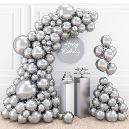 Luftballons Metallic Silber 110 Stück, Silber Ballon Girlanden Bogen Kit, Latex Silber Partyballons für Geburtstag, Hochzeit, Graduierung, Babyparty Dekoration(Silber Ballons 18/12/10/5 Zoll) von Patimate