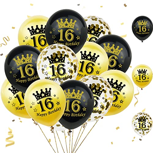 16. Geburtstag Luftballons, Schwarz Gold Luftballons Gold Konfetti Ballons Gold Schwarz 16. Geburtstag Ballons 16. Helium Luftballons für Junge Mädchen Geburtstag Party Jubiläum Deko 15 Stück 12 Zoll von Patoom