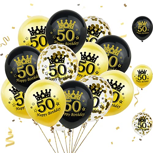 50. Geburtstag Luftballons, Schwarz Gold Luftballons Gold Konfetti Ballons Gold Schwarz 50. Geburtstag Ballons 50. Helium Luftballons für Männer Frauen Geburtstag Party Jubiläum Deko 15 Stück 12 Zoll von Patoom