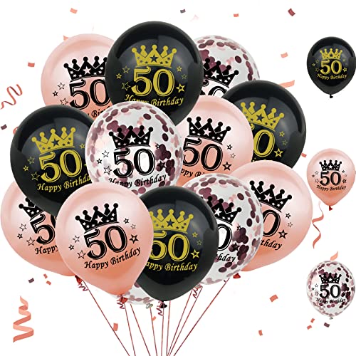 50. Geburtstag Luftballons, Rosegold Schwarz Luftballons Rosa Konfetti Ballons Rosegold 50. Geburtstag Deko Ballons 50. Helium Luftballons für Frauen Geburtstag Party Jubiläum Deko 15 Stück 12 Zoll von Patoom