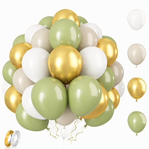 Luftballons Salbeigrün, 12 Zoll 60 Stück Matt Matt Retro Grün und Metallic Gold Party Ballons Matte Beige Sand Weiß HeliumBallons mit Bändern für Dschungelthema Party Geburtstag Babyparty Deko von Patoom