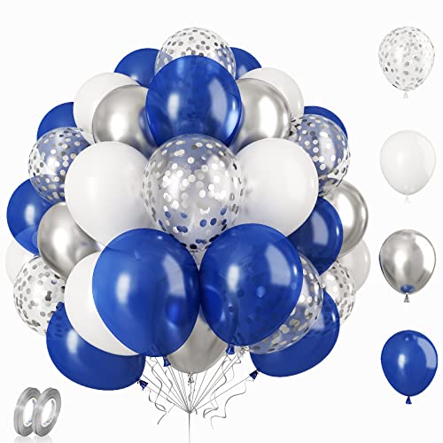 Luftballons Blau Silber, 12 Zoll 60 Stück Luftballons Marineblaue und Weiß Party Ballons Metallic Silber Konfetti Helium Luftballons mit Bändern für Geburtstag Babyparty Hochzeit Graduierung Deko von Patoom