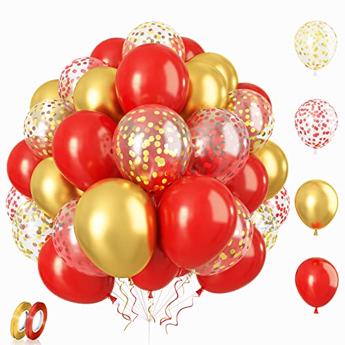 Luftballons Rot Gold, 12 Zoll 60 Stück Luftballons Matt Retro Rot und Metallic Gold Party Ballons Gold Rot Konfetti Helium Luftballons mit Bändern für Geburtstag Babyparty Hochzeit Graduierung Deko von Patoom