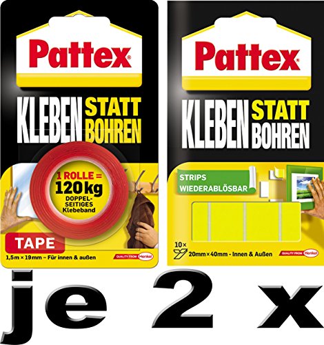 Pattex Kleben statt Bohren/Kombi-Spar-Set (2 x Klebeband + 2 x Klebe-Strips) von Pattex