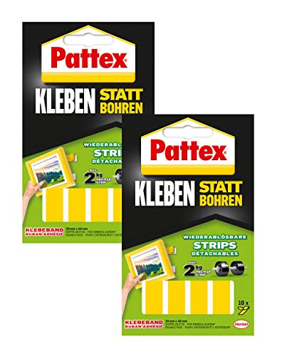 Pattex Kleben statt Bohren Strips, doppelseitiges Klebeband, wieder ablösbar, 10 Stück (2 Packungen, Klebe-strips, 1) von Pattex