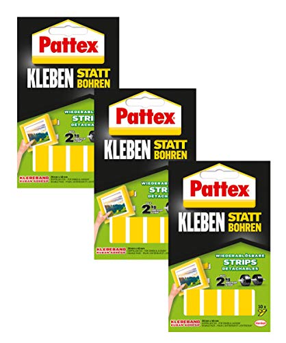 Pattex Kleben statt Bohren Strips, doppelseitiges Klebeband, wieder ablösbar, 10 Stück (3 Packungen, Klebe-strips) von Pattex