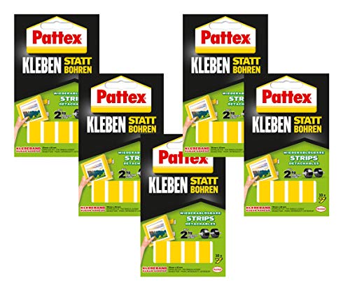 Pattex Kleben statt Bohren Strips, doppelseitiges Klebeband, wieder ablösbar, 10 Stück (5 Packungen, Klebe-strips) von Pattex