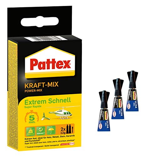 Pattex Kraft-Mix Extrem Schnell, extrem schnell härtender 2 Komponenten Kleber auf Epoxidharz Basis, für viele Materialien, Spar-Set mit 2x 12 g Tube und 3x 1 g Sekundenkleber Ultra Gel von Pattex