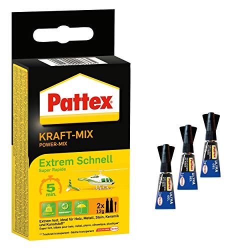 Pattex Kraft-Mix Extrem Schnell, extrem schnell härtender 2 Komponenten Kleber auf Epoxidharz Basis, für viele Materialien, Spar-Set mit 2x 12 g Tube und 3x 1 g Sekundenkleber Ultra Gel Pattex Kraft-Mix Extrem Schnell, extrem schnell härtender 2 Komponenten Kleber auf Epoxidharz Basis, für viele Materialien, Spar-Set mit 2x 12 g Tube und 3x 1 g Sekundenkleber Ultra Gel von Pattex