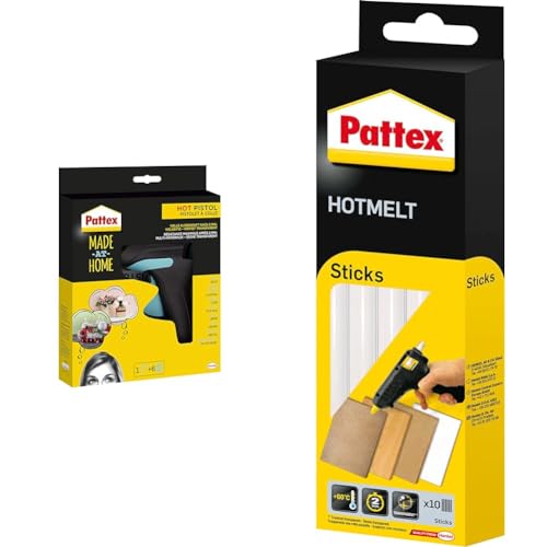 Pattex Made at Home Heißklebepistole, Set aus 1x Klebepistole und 6x Heißklebesticks & Hotmelt 827353 Sticks, Klebesticks, Heißkleber Sticks zum Basteln, 1x10 Sticks, Transparent, 200 g, PTK6 von Pattex