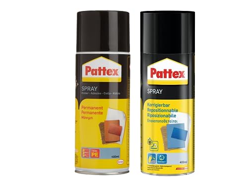 Pattex Sprühkleber Power Spray korrigierbar, lösemittelhaltiger Sprühklebstoff, 1 x 400 ml Dose & Power Spray Permanent, farblos, 1 x 400 ml Dose von Pattex