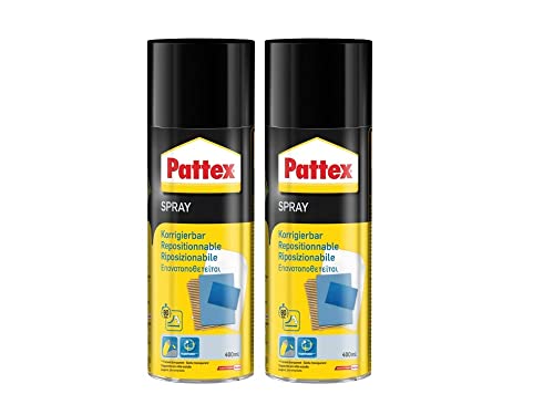 Pattex Sprühkleber Power Spray korrigierbar, lösemittelhaltiger Sprühklebstoff für schnelle und dauerhafte Verklebungen, farblos, 2x 400ml Dose von Pattex