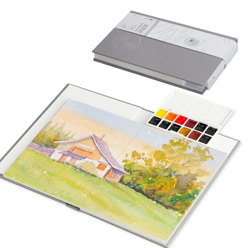 Paul Rubens Reise-Aquarell-Skizzenbuch, 24 Blatt 140lb/300g/m² 100% Baumwolle säurefrei Hot-Press Aquarell-Journal mit Glitter-Effekt (13,5x9,7 cm), inkl. 12-teiliger Reise-Künstler-Aquarellfarbe von Paul Rubens
