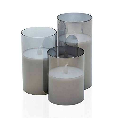 Pauleen 48026 Classy Smokey Candle Wachskerze 3er Set Echtwachs, Warmweiß, flackernde Flamme, Glas Anthrazit/Weiß Kunststoff/Spiegel von Pauleen