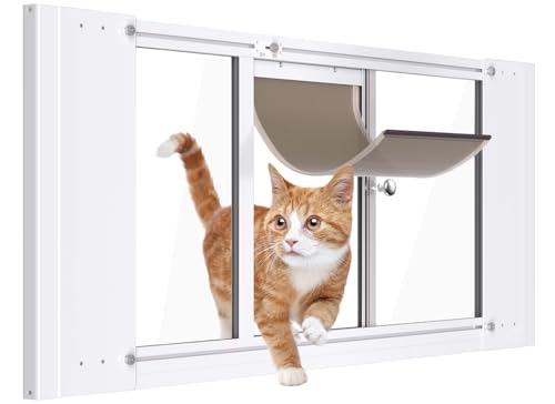 Katzentür für Fenster, verstellbar, passend für 69,8 cm - 83,8 cm breite Schiebefenster, Aluminiumrahmen, Katzen-Türeinsatz, Magnetverschluss, Katzenfenstertür, schnell zu installieren, Haustiertür von Paulmele