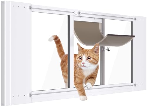 Katzentür für Fenster, verstellbar, passend für 83,8 cm - 96,5 cm breite Schiebefenster, Aluminiumrahmen, Katzen-Türeinsatz, Magnetverschluss, Katzenfenstertür, schnell zu installieren, Haustiertür von Paulmele