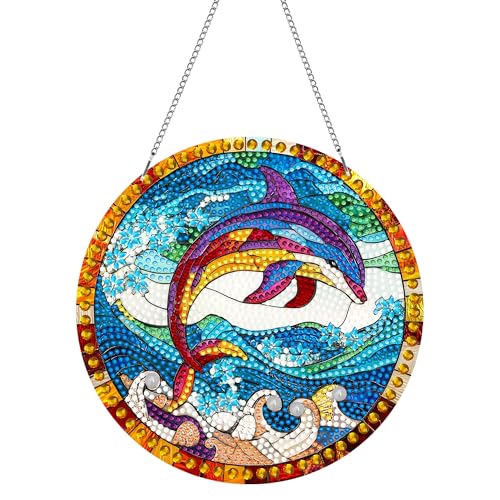 Pavemlo Doppelseitig Acrylbrett Diamond Painting Anhänger & Fensterbilder Set mit Kette -Delphin DIY Anhänger Diamant Painting Wandbehang Kits 20x20 cm - für Wand Und Eingang Dekoration von Pavemlo