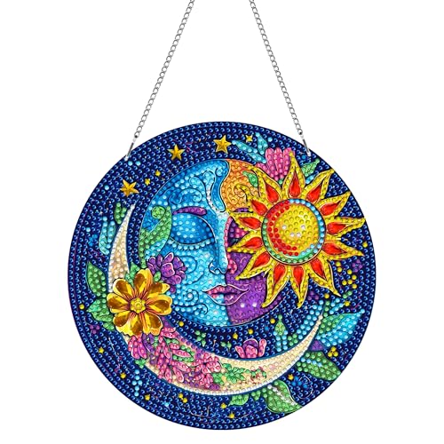 Pavemlo Doppelseitig Acrylbrett Diamond Painting Anhänger & Fensterbilder Set mit Kette -Sonne und Mond DIY Anhänger Diamant Painting Wandbehang Kits 20x20 cm - für Wand Und Eingang Dekoration von Pavemlo