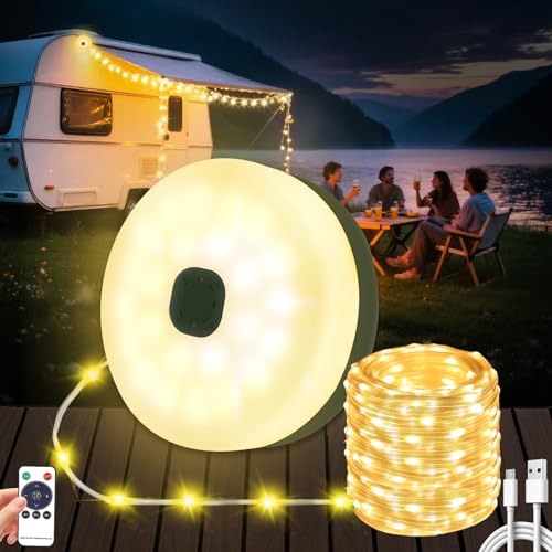 Pavlleen 10M Camping Lichterkette Aufrollbar,9 Beleuchtungsmodi,USB Aufladung,Tragbare Wiederaufladbare LED Lichterkette,2500mAh Lichterkette Vielseitige,für Party,Camping,Zelt,Wandern und Hofdeko von Pavlleen
