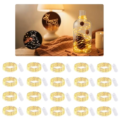 Pavlleen 20 Stück Micro LED Lichterkette,led lichterkette mit batterie, 2M 20 Mini LED Mit Batterie,für Party Hochzeit,Zimmer Deko,Weihnachten,Flasche,DIY(Warm Weiß) von Pavlleen