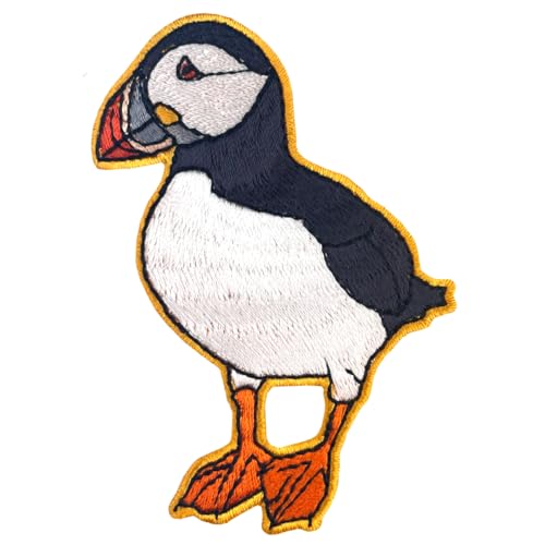 PAWPRINT FAMILY - Papageientaucher-Vogel Aufnäher, Offizieller Merchandise-Artikel zur Unterstützung des RSPB, Mittel, Schwarz, Weiß, Orange, Stilisierter Vogel - Embroidered, Irregular, 1 Stück von Pawprint Family