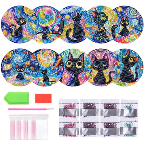 Pawsautomotively 10 Stück Diamond Painting Untersetzer, Katzen-Muster, Hölzernes, mit Halter und Diamant-Tasche, DIY Handgefertigt Kunsthandwerk, für Anfänger, Erwachsene und Kinder von Pawsautomotively