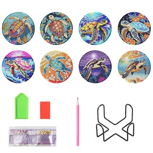 Pawsautomotively 8 Stück Diamond Painting Untersetzer, Schildkrötenmuster, Hölzernes, mit Halter und Diamant-Tasche, DIY Handgefertigt Kunsthandwerk, für Anfänger, Erwachsene und Kinder von Pawsautomotively
