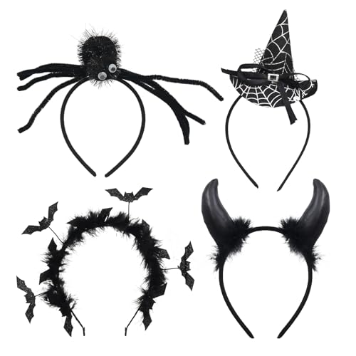 Paxrmuky Halloween-Haarbänder, Hexe, Fledermaus, Spinne, Teufel, Halloween-Haarschmuck für Frauen, Cosplay, Kostümpartys, Halloween-Verkleidungen, 4 Stück von Paxrmuky