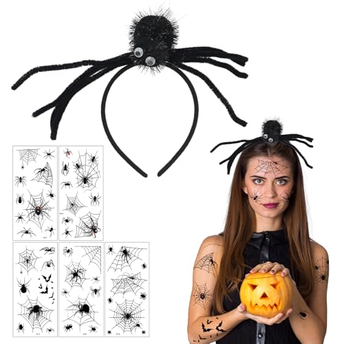 Paxrmuky Halloween Spinnen Stirnband mit 5 Blatt Tattoo - Halloween Haarschmuck für Kinder & Erwachsene, Spinnenkostüm Kopfbedeckung für Karneval, Fasching, Halloween Cosplay von Paxrmuky