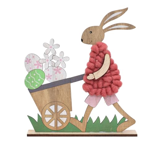 Paxrmuky Ostern Deko Holzwagen mit Kaninchen – Frühlingshafte Tischdekoration aus Holz, Dekofigur für Ostern, Frühling & Zuhause (Pink) von Paxrmuky