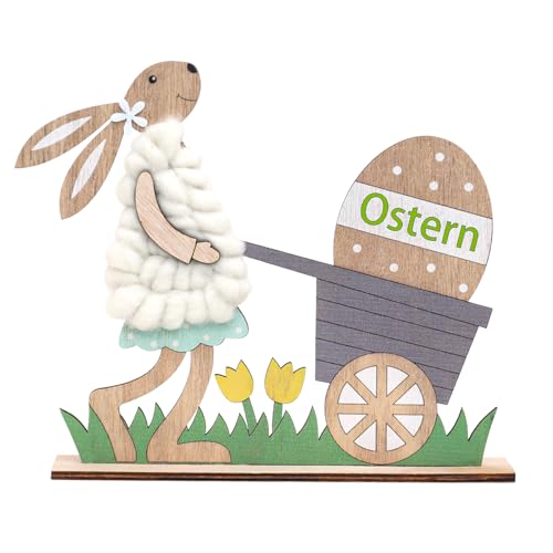Paxrmuky Ostern Holzwagen Kaninchen Desktop Ornament, Ostern Dekoration Frühling Tischdekoration (weiß) von Paxrmuky