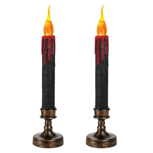 2 Stück Schwebende Kerzen, Halloween Deko Kerzen Halloween Bluttropfende Flammenlose Kerzen mit Kerzenständer, Hallo-ween Kerzenständer Drinnen Outdoor Deko von PcvGef