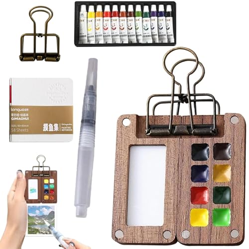 5 Stück Mini Aquarell Set, Pocket Aquarell Set, Mini Aquarell Travel Set, Mini Aquarellkasten, Ideal für Künstler, Studenten und Reisen mit Aquarellpapier Journal, Aquarellpinsel Stiftel und Clip von PcvGef