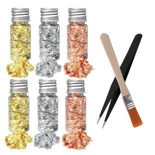 Essbare Blattgoldblätter, 6 Flaschen Blattgold Flocken Multifunktions-Dekorfolienpapier Goldfolie Papier Dekorfolie Papier Küche Backen Gebäck Kunsthandwerk Decor (Gold,Silber,Rosé) von PcvGef