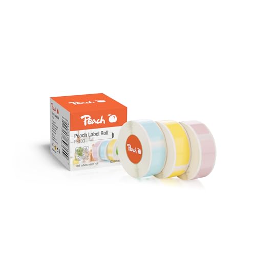 Peach Thermoetikettenband hellblau, hellgelb und pink - 12x40mm - 180 Etiketten pro Rolle - selbstklebendes Thermopapier für PE110 Etikettendrucker - 3 Farben angepasstes Etikettendruckpapier - PE103A von Peach