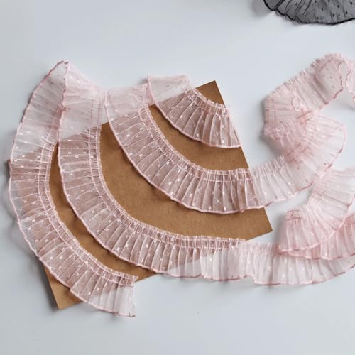 3,5 cm plissierter Netz-Spitzenbesatz, Rüschen-Spitzenborte für Puppenkleidung, Nähprojekte (2 Yard) (Rosa) von Peachcor