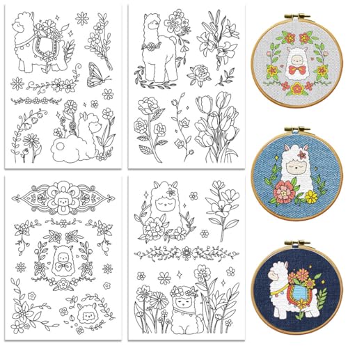peacoblue Stickvorlagen Wasserlöslich für Anfänger 4 Sheet Alpaka mit Blumen with 31pcs Muster, Wash Away Stick and Stitch Auflösbares Stickereipapier für Handnähbegeisterte Frauen Erwachsene von peacoblue
