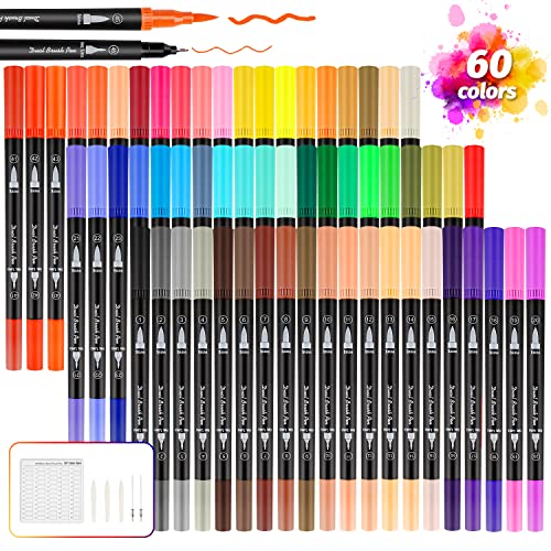 Peakness Dual Brush Pen Set, Filzstifte Set 60 Farben Aquarellstifte mit Zwei Spitzen für Bullet Journal, Handlettering, Malbücher, Kalligraphie Manga Tinte auf Wasserbasis Doppelfasermaler Stifte von Peakness