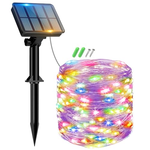 Peasur 1 Stücke Solar Lichterkette Aussen, 12M 120 LED Solarlichterkette Außen Wetterfest, 8 Modi IP65 Wasserdicht Kupferdraht Lichterkette Outdoor für Balkon Garten Party Hochzeit Deko, Mehrfarbig von Peasur