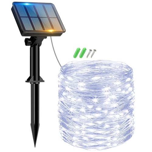 Peasur 1 Stücke Solar Lichterkette Aussen, 12M 120 LED Solarlichterkette Außen Wetterfest, 8 Modi IP65 Wasserdicht Kupferdraht Lichterkette Outdoor für Balkon Garten Party Hochzeit Deko, Kaltes Weiß von Peasur