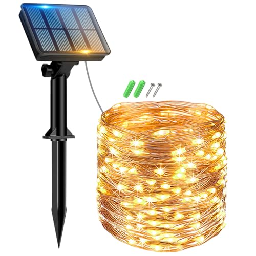Peasur 1 Stücke Solar Lichterkette Aussen, 12M 120 LED Solarlichterkette Außen Wetterfest, 8 Modi IP65 Wasserdicht Kupferdraht Lichterkette Outdoor für Balkon Garten Party Hochzeit Deko, Warmweiß von Peasur