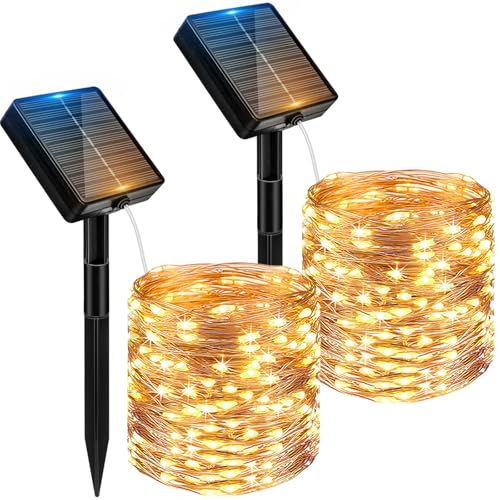 Peasur 2 Stücke Solar Lichterkette Aussen, 12M 120 LED Solarlichterkette Außen Wetterfest, 8 Modi IP65 Wasserdicht Kupferdraht Lichterkette Outdoor für Balkon Garten Party Hochzeit Deko, Warmweiß von Peasur