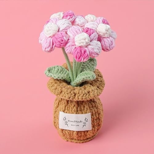 Handgefertigte Häkelblumen, kleine Topfpflanzen, gestrickte Schreibtischdekorationen für Zuhause, Büro, Dekor (Puffblume) von Peauley