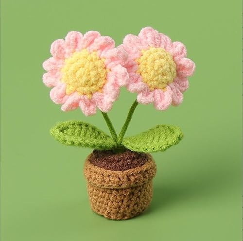 Handgefertigte Häkelblumen, kleine Topfpflanzen, gestrickte Schreibtischdekorationen für Zuhause, Büro, Dekor (zwei Sonnenblumen) von Peauley