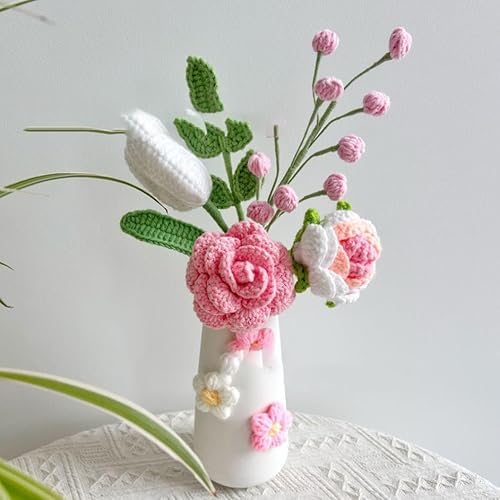 Handgefertigte Häkelblumen, kleine Topfpflanzen, gestrickte Schreibtischdekorationen für Zuhause und Büro (gehäkelter Blumenstrauß) von Peauley